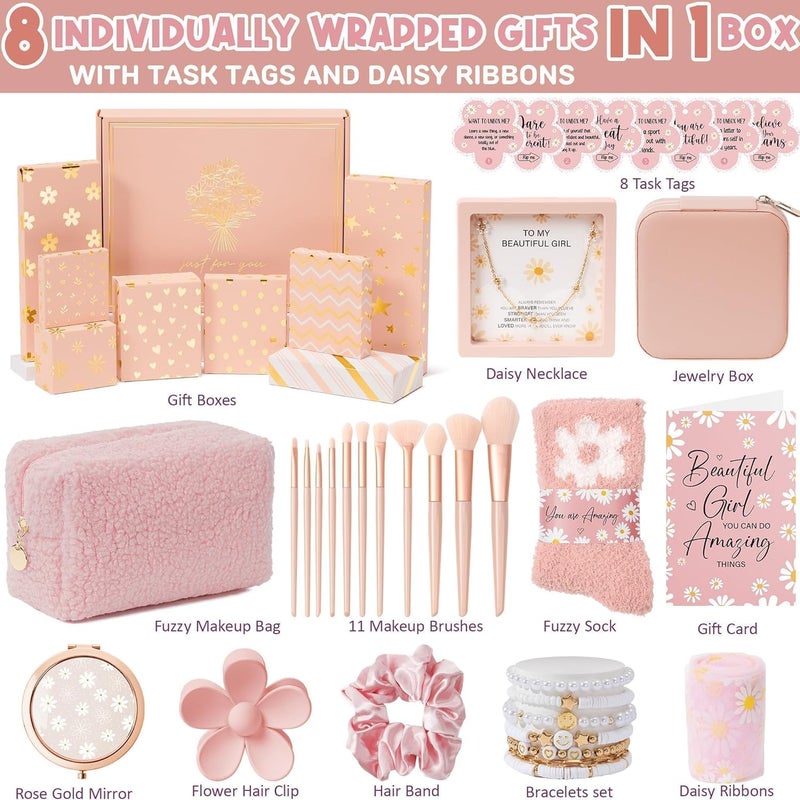 Qinline Valentines Day Gifts for Tween & Teen Girls - 8 PCS Birthday Gift Basket Teenage Girl Gifts Trendy Stuff w/ Fun Task Tags Makeup Brushes & Bag, Empower Positive Wrapped Gift Box for Daughter Niece - Image 3